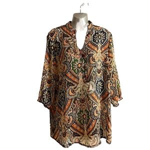 Woman’s Macckie Sheer Multi Colour Half button Top Blouse Size Large